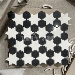 Black And White Marble Mosaic Hexagon Star Design Wall Tile