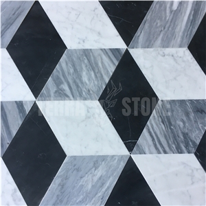 Carrara White Grey Black Marble Mixed Mosaic Rhombus Tile