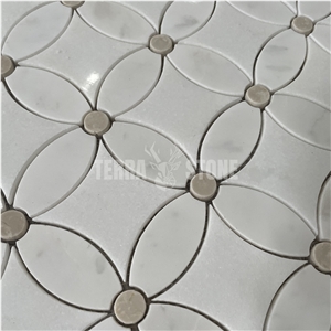 Floral Pattern Flower Design White Marble Waterjet Mosaic