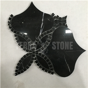 Pure Black Nero Marquina Water Jet Flower Marble Mosaic Tile