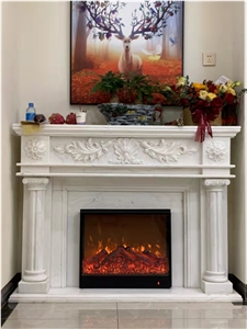White Limestone Flower Hand Carved Fireplace Mantel