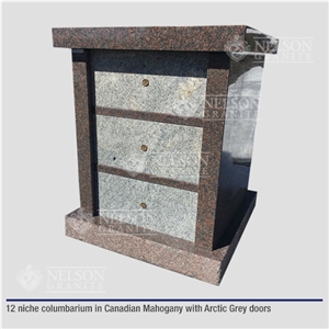 12 Niche Columbarium In Canadian Mahogany Granite With Arctic Grey Granite Doors