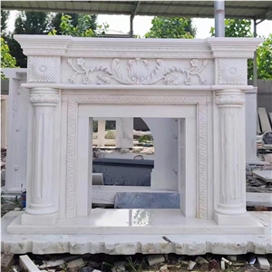 Hand Carved White Marble Surrounded Fireplace Mantel