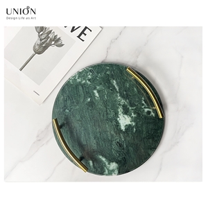 UNION DECO Circular Marble Stone Tray With Golden Handles