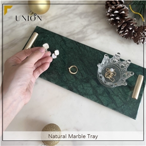 UNION DECO Natural Green Marble Tray With Golden Handle