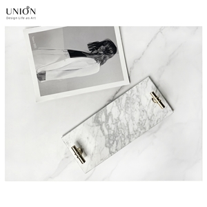 UNION DECO White Tray With Gold Handles Real Marble Tray