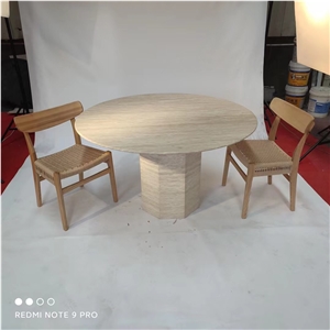 Amara Round Travertine Art Coffee Table With 3-Sphere Base