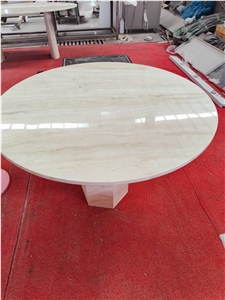 Picco Round Travertine Cafe Dining Table With Hexagon Base