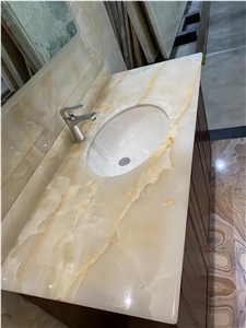 Prefab Backlit White Crystallo Quartzite Bathroom Vanity Top