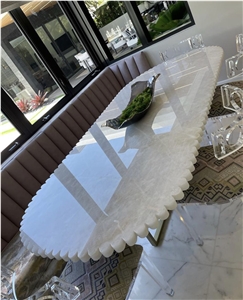White Quartzite Restaurant Dining Table With Metal Stand