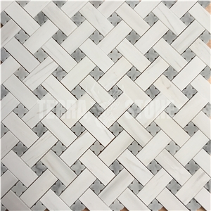 Basketweave Mosaic With Flower Dots Dolomite White Marble