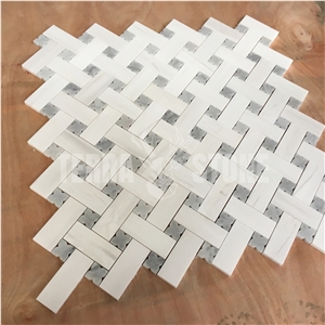 Basketweave Mosaic With Flower Dots Dolomite White Marble