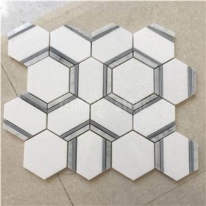 Big Hexagon White And Gray Marble Mosaic Bathroom Wall Tile