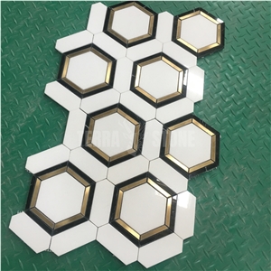 Black White Marble With Brass Hexagon Stone Mosaic Tiles