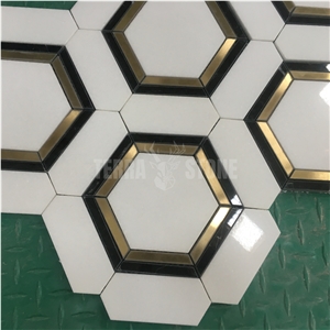 Black White Marble With Brass Hexagon Stone Mosaic Tiles