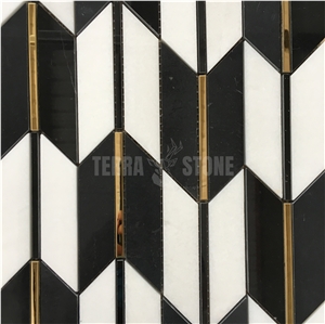 Black White Marble With Gold Metal Chevron Mosaic Tiles