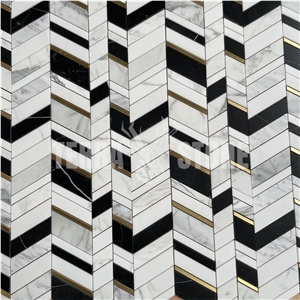 Black White Stone Mosaic Chevron Design Tile Marble Brass