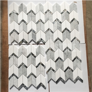 Chevron Carrara Marble Mosaic With Mother Pearl Of Shell