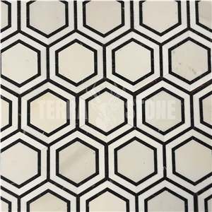 Classic Big Hexagon White Black Marble Mosaic Bathroom Tile