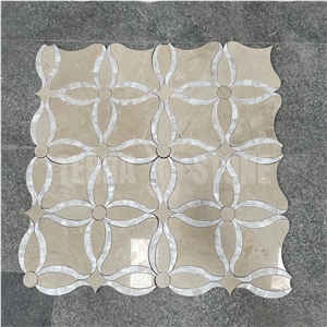Crema Marfil Beige Marble Mosaic Water Jet Mother Pearl Tile