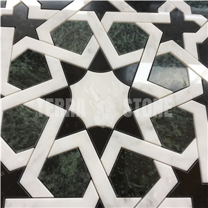 Dark Green And White Marble Mosaic Water Jet Floral Tile
