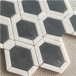 Elongated Hexagon White And Gray Marble Mosaic For Backplash