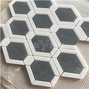 Elongated Hexagon White And Gray Marble Mosaic For Backplash