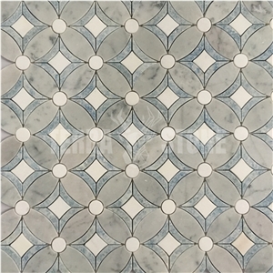 Floral Design Water Jet Marble Mosaic Carrara Thassos Tile