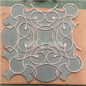 Flower Green Glass And Marble Waterjet Mosaic Stone Tile