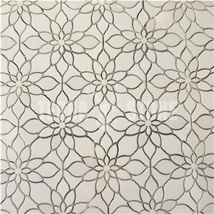 Flower Pattern Glass And Pure White Marble Waterjet Mosaic