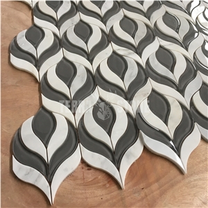 Glass Leaf Mosaic Mixed Waterjet Marble Tile With Glossy