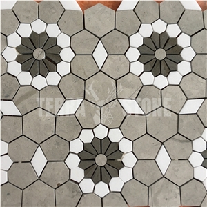 Gray Marble Mosaic Flower Pattern Waterjet Mosaic Hexagon