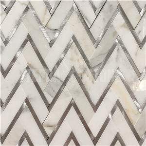 Herringbone Calacatta Gold Marble W/ Stainless Steel Mosaic