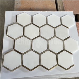 Hexagon Thassos White Marble Mosaic Stainless Steel Tile