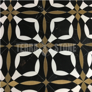 Kaleid Mystique Black Marble Tile Waterjet Gold Metal Mosaic