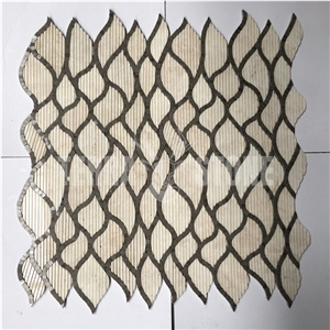 Leaf Pattern Grooved Face Beige Marble Water Jet Mosaic Tile