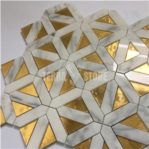 Luxury Tiles White Marble With Golden Glass Inserts Mosaic