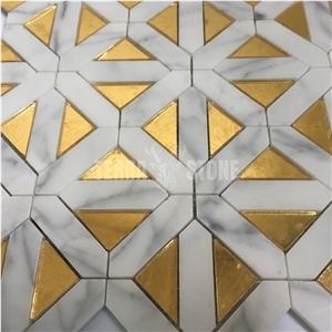 Luxury Tiles White Marble With Golden Glass Inserts Mosaic