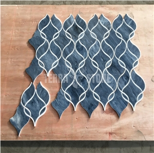 Marble And Blue Glass Waterjet Ribbon Pattern Mosaic Tile