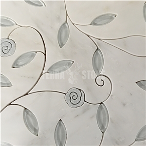 Marble Flower Designs Waterjet Glass Mosaic For Bathroom