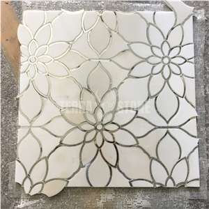 Marble Glass Mosaic Waterjet Floral Pattern Shower Wall Tile
