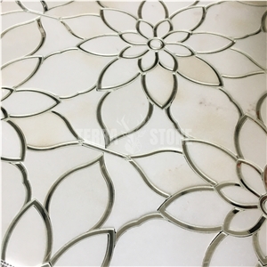 Marble Mirror Glass Mosaic Waterjet Floral Pattern Tile