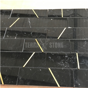 Nero Marquina Marble Polished Subway Mosaic Tile With Brass