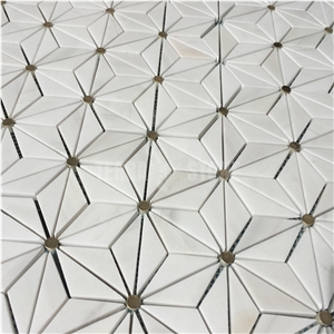 Star Pattern Thassos White Marble W/ Brass Dots Mosaic Tile