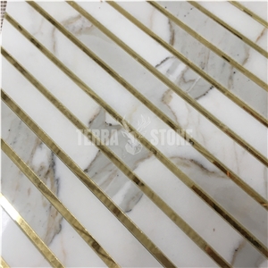 Stripe Pattern Calacatta Gold Marble W/ Golden Glass Mosaic