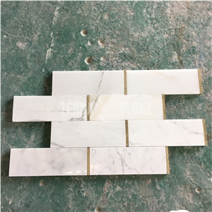 Subway Marble Mosaic Calacatta With Golden Metal Wall Tile