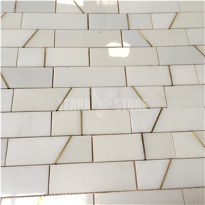Subway Mosaic White Onyx With Gold Metal Inlay Backsplash