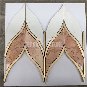 Thassos White Coral Red Marble Waterjet Leaves Pattern Tile