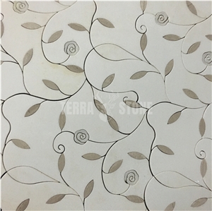 Thassos White Marble Glass Flower Pattern Water Jet Mosaic