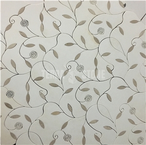 Thassos White Marble Glass Flower Pattern Water Jet Mosaic